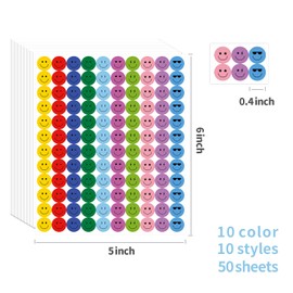 ANSTROUT 6000 Pieces Happy Smile Face Stickers for School Reward Behavior Chart,3/8 Inch in Diameter Round Colorful Reward Labels 10 Styles Happy Face Stickers for Teachers (50 Sheets)