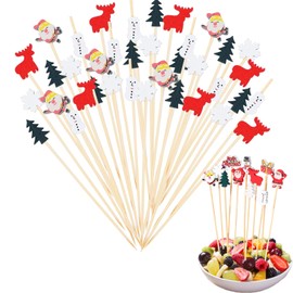 100 Pieces 5 Christmas Cocktail Picks,Assorted 5 Cocktail Toothpicks Santa Snowman Reindeer Xmas Tree Snowflake Skewers for Skewers for Appetizers,Bamboo Sticks for Party Drinks Fruit Sandwiches