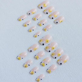 Spring Short Press on Nails Square Nude Fake Nails with Yellow Daisy Flower Design Glue on Nails Full Cover Acrylic Nails Press on False Nails for Women Reusable Manicure Nails Decoration 24pcs