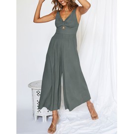 ANRABESS Women's Summer Wide Leg Linen Jumpsuits Dressy V Neck Sleeveless Casual Pants Rompers 2024 Vacation Beach Outfits Dark Grey Large