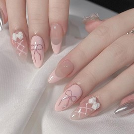 Press On Nails Almond Short Square Ballet Shaped, Cute Design Flower Bow Fake Nails, Stick On Nails,Glue on Nails on 24PCS (Pink French Bow)