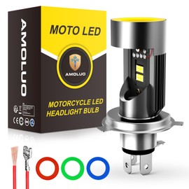 AMOLUO H4 Motorcycle LED Headlight with 5 Color Interchangeable LED Angel Eye De, Daytime Running Light, 3200LM Hi/Lo Switching, 30 W, 6000K, DC12-36V, Set of 1