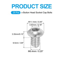 PATIKIL 1/4-20x3/8" Button Head Socket Cap Screws, 20 Pcs 304 Stainless Steel 18-8 Socket Cap Screw Bolts Allen Hex Drive Full Thread Fine Thread UNC