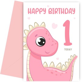 1st Birthday Card for Girl - 1 Year Old Birthday Card for Granddaughter, Daughter, Great Niece, Sister or Girls - Pink Dinosaur Bday Cards