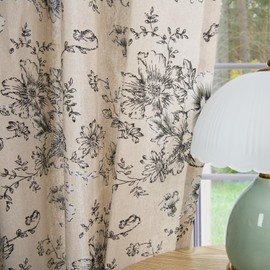 Linen Farmhouse Curtains for Living Room 84 Inch Length Floral Printed Light Filtering Peony Flower Patterned Drapes Grommet 2 Panels Dining Room Bedroom Kitchen Decor