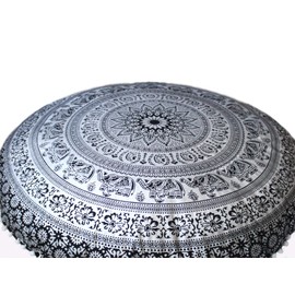 CRAFT KALA 32 Inch Large Hippie Mandala Meditation Floor Pillow Cushion Pouf Cover Round Poufs Cover Bohemian Floor Cushion Cover Case Outdoor Fireplace Yoga Living Room Decor (Black Silver Elephant)