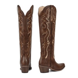 wetkiss Brown Cowboy Boots for Women Knee High Cowgirl Tall Boots with Classic Retro Embroidered Chunky Heel Slip On Pointed Toe Womens Western Boots for Girls Ladies