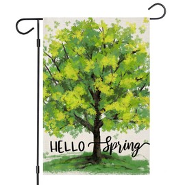 EKOREST Hello Spring Garden Flags for Outside, Seasonal Green Tree for Holiday Anniversary Wedding Decor Small Yard Outdoor Decoration 12x18 Inch Double Sided
