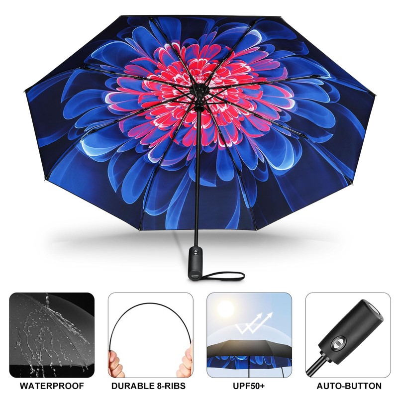 ZUOYOUZ Compact Travel Umbrella,Automatic,Strong,Windproof,Folding,Lightweight,Printed Pattern Backpack Folding Travel Umbrella for
