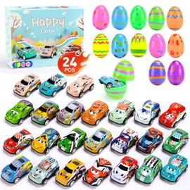 Roicaholy 24 Count Prefilled Easter Eggs with Pull-Back Cars Inside - Fun Easter Egg Hunt Toys for Kids Toddler, Plastic Eggs filled with Toys, Bonus Storage Pouch