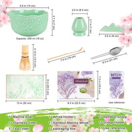 Matcha Whisk Set, Matcha Set 7 Pieces - Ceramic Matcha Bowl with Spout, Bamboo Chasen Whisk & Holder, Scoop, Sifter, Tea Towel - Complete Kit for Matcha Tea Ceremony, Latte, Ideal Gift(Green)