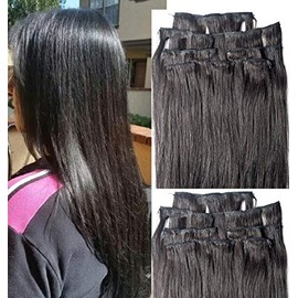 Hair Faux You 24" Double Weft 100% Remy Human Hair Clip in Extensions Full Head Thick Long Soft Silky Straight 100 Grams 7pcs 14clips Color #1B Off Black