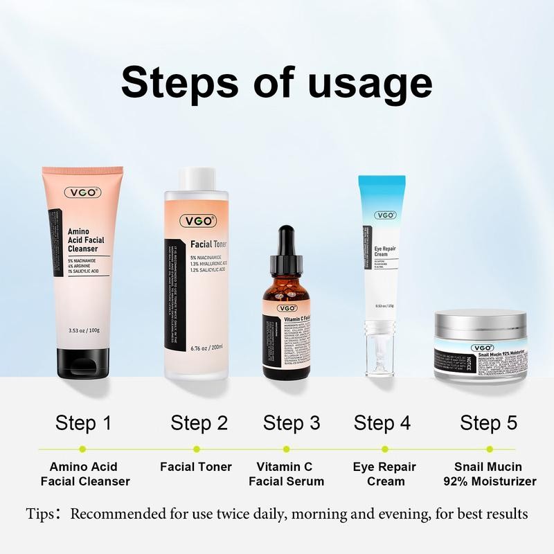 VGO 5-Step Skincare Routine: All-in-One Set Including Cleanser, Toner, Serum,