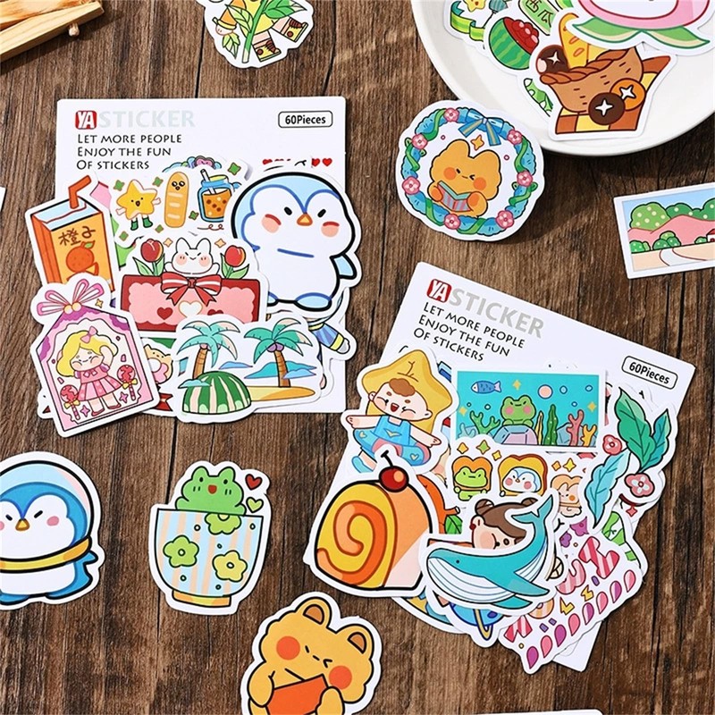﻿60 Pcs Cute Stickers, Cartoon Animal Aesthetic Decals, Vinyl Waterproof