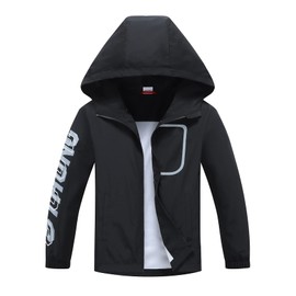 ALXHUTE Boys Girls Waterproof Rain Jacket, Kids Lightweight Raincoat Windbreaker with Hood Black UK:11-12 Years (manufacturers's size: 150)