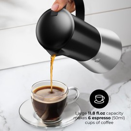 STELLAGRO Moka Pot Espresso maker, Stovetop Stainless Steel Manual Espresso Italian Cuban Coffee Maker, 6 cups (350 ml), Elegant Coffee Maker Percolator Cafetera, Black/Silver