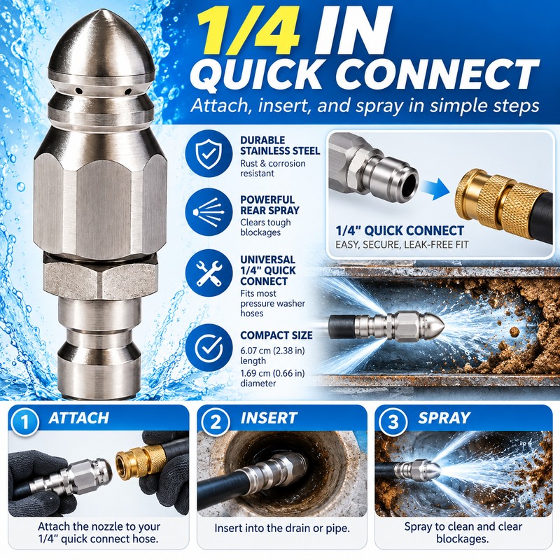 Sewer Jetter Nozzle for Pressure Washer Use – 1/4" Stainless