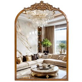 FUIN Grand Arched Wall Mirror - Gold Traditional Vintage Ornate Baroque Mirror, Antique Brass Frame, 36" x 24" Wall-Mounted Decorative Mirror for Entryway, Fireplace, Living Room, Hallway, or Bathroom