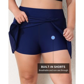 ANFILIA Women's High Waisted Swim Skirt Pocket Tummy Control Tankini Bottoms Athletic Flowy Bathing Suit Skirts Navy