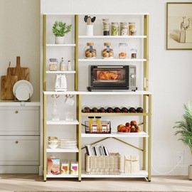 DWVO Kitchen Baker Rack with Power Outlet, Microwave Oven Stand with Storage 6 Tiers, Coffee Bar Table with Wine Rack, Kitchen Storage Shelf for Spices, Pots, White Gold