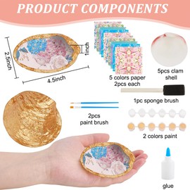 WEBEEDY 5 Sets Oyster Shells for Crafts DIY Beach Oyster Shell Ring Dish with 5 White Natural Shells 10 Pcs Decoupage Paper Napkin Paint and Brushes,Summer DIY Ornament Jewelry Tray Birthday Gift