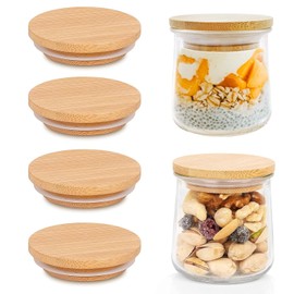 Riavzau Oui Yogurt Jar Lids, 4 Pack Oui Yogurt Bamboo Jar Lids Set with Silicone Sealing Rings, Wooden Lids for Oui Yogurt Jars, Cookie Glass Storage Lids