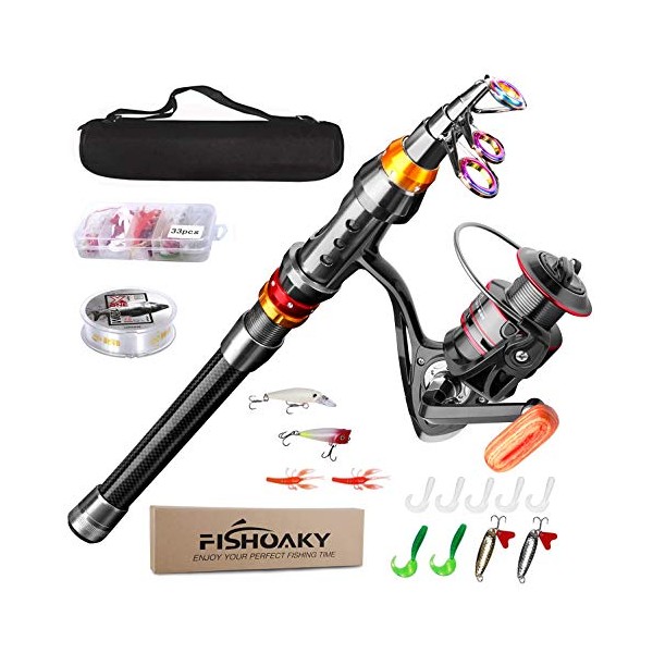 FISHOAKY Telescopic Fishing Rod Set, Spinning Fishing Pole and Reel Combo Line Carbon Fiber Lures Tackle Hooks Travel Bag for Saltwater &Freshwater | Boat,Surf,Lake | Kids&Adults (1.8)