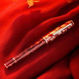 HONG DIAN Hongdian N8 Red Acrylic Resin Fountain Pen, Iridium Extra Fine Nib Rose Gold Trim Maple Leaf Carving Cap, Smooth Writing Pen with Converter and Metal Box Set