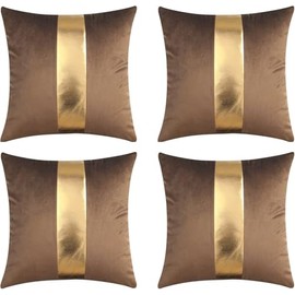 Gyulin Pack of 4,18x18 Inch Velvet Throw Pillow Covers with Gold Leather Striped Patchwork Stitching Luxury Modern Minimalist Square Pillowcase Cushion Covers for Bedroom Sofa Couch Living Room,Brown