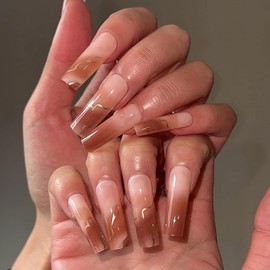 MISUD Press on Nails Long Square Fake Nails Glossy Glue on Nails Fall Brown Acrylic Nails Squoval Artificial Nails Autumn Ombre Stick on False Nails with Design 24 pcs