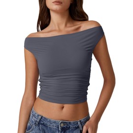 QINSEN Womens Sleeveless Tank Top Off Shoulder Ruched Detail Double Layer Fashion T Shirts Dark Grey S