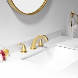 Phiestina 8 Inch Brushed Gold Widespread 2-Handle 3 Hole Bathroom Faucet with Metal Pop-Up Drain Assembly, Low Arc Bathroom Sink Faucet,WF008-5-BG