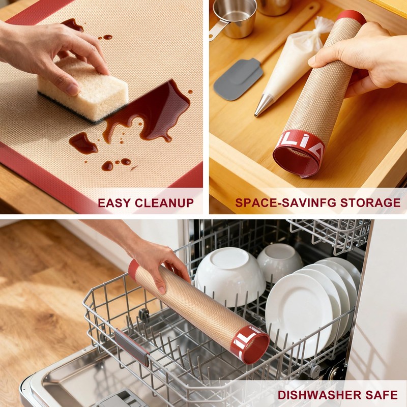 LILIAO Silicone Baking Mat, 3-Pack Non-Stick Reusable Baking Mat, Oven
