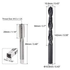 QUARKZMAN Metric Tap & Drill Bit Set, M12 x 1.25 Tap & 10.8mm Black Oxide Twist Drill, Straight Groove Tap Thread Cutting Tool Repair Kit