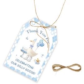 50pcs Goose Thank You Tags, One Silly Goose Gift Tag with String for 1st Birthday Party, Blue Goose Paper Tags for Farm Animal Birthday Party Favors