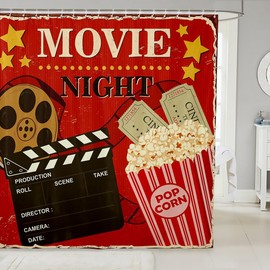 Cortina de ducha de cine vintage para niños y niñas, cortina de baño de palomitas de maíz rojo grunge, cortina de baño impresa con tira de película de noche de película, 72 x 72 pulgadas, cortina de ducha impermeable