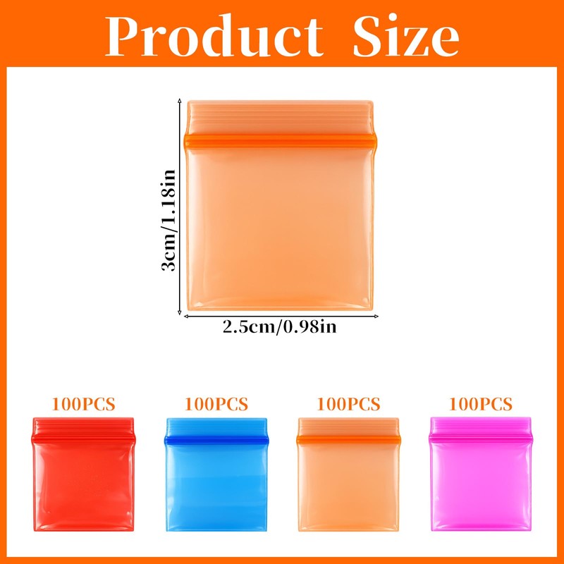 HJZHII 400Pcs Mini Plastic Baggies, 1.2x1'' Colored Resealable Storage Bags