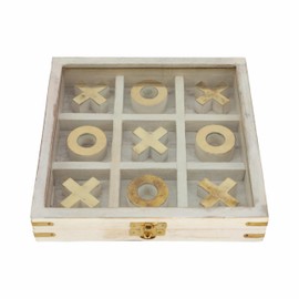 Sagebrook Home Wooden Tic Tac Toe Game with Glass Lid - Handcrafted Classic Board Game - Decorative Coffee Table Game for Home & Office - Elegant Rustic Style - 8" White & Gold