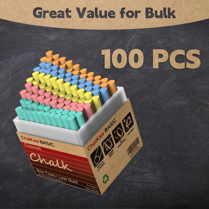 Colored Chalk 100PCS, 5 Colors, Low Dust Chalks Stick Bulk