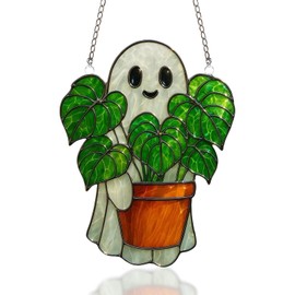 Halloween Acrylic Suncatcher, Cute Ghost with Plant Pot Decorative Hanging Ornaments, Stained Glass Style Halloween Ghost Decor, Plant Lover Halloween Ornaments for Indoor Outdoor Home Decor