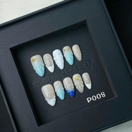 100% Handmade Press on Nails Medium Almond Fake Nails Summer Acrylic Handmade Nails Press Ons Ocean Seashell Waterdrop False Nails for Women Girls Manicure Size M