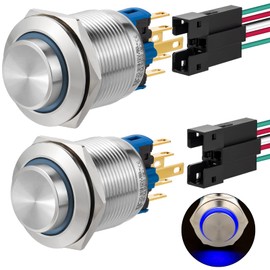 (2 Pcs) UL Certification 22mm Push Button Switch Latching 12V DC High Round Waterproof IP67 On Off Stainless Steel with LED Light for 7/8" with Wire (Blue, Latching,12V)