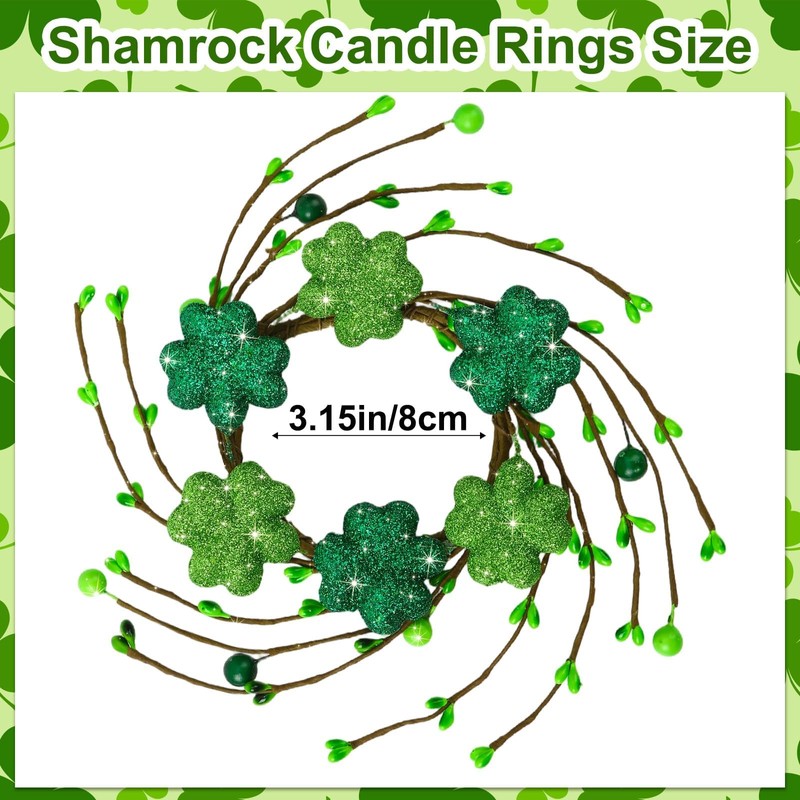 4Pcs St. Patrick's Day Glitter Shamrock Candle Rings
