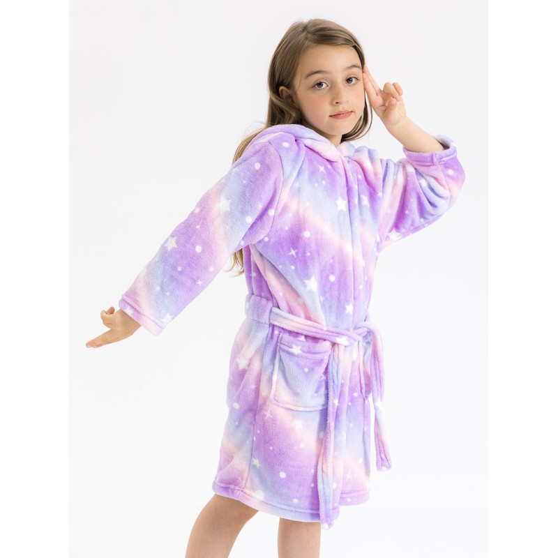 ACTLATI Girls Fleece Hooded Robe, Plush Rainbow Star Unicorn Leopard