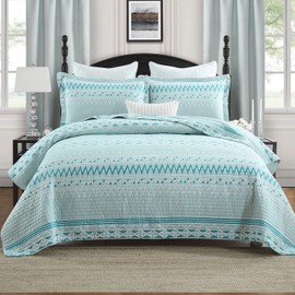 PERHOM Boho Quilt Set Queen - 100% Cotton Queen Size Bohemian Geometric Striped Pattern Quilt Bedding Set for All Season, Lightweight Bedspread/Coverlet/Comforter Set for Summer(3 Pieces, Blue Gray)