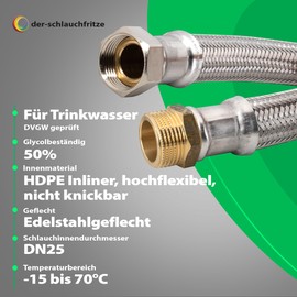 Flexible hose 1 inch nut x 1 inch male thread, highly flexible reinforced hose DN25 with drinking water approval