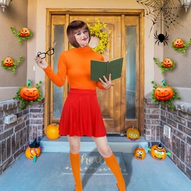 Hercicy Disfraz Naranja Halloween para Adultos Peluca Bob Body Cuello Alto Falda Skater Gafas Calcetines Conjunto de Cosplay para Mujer(XL)