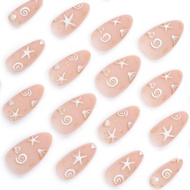 24 Pcs Matte Pink Press on Nails Short Almond Nail Tips,YEFIUO Summer Fake Nails Press ons Glue on Nails Acrylic Nail Art Kit Full Cover Reusable False Nails with 3D Shell Starfish Design for Ma'am