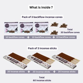 Tuberose Incense Sticks & Backflow Incense Cones for Waterfall Combo Pack - 60 Insence-Sticks + 30 Backflow Cones - Insents - Incense Waterfall Cones - Inscense
