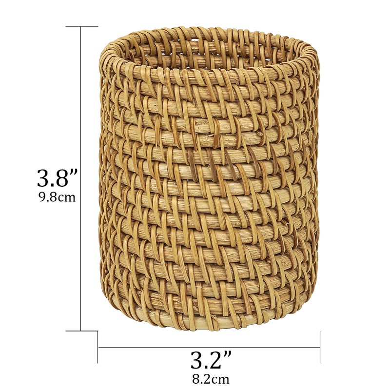 JANKOW Wicker Rattan Pencil Holder, Cylindrical Desk Organizer Cup, Natural
